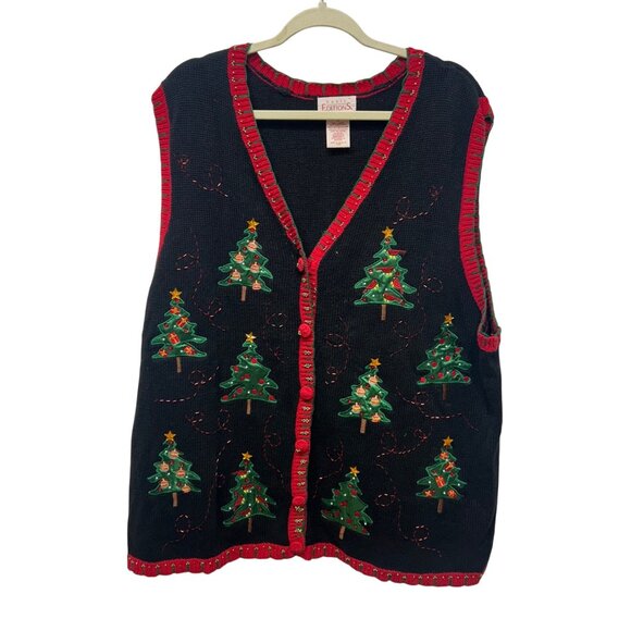 Basic Editions Holiday Sweater Vest 3X Christmas Tree Embroidered Black & Red - Picture 1 of 11